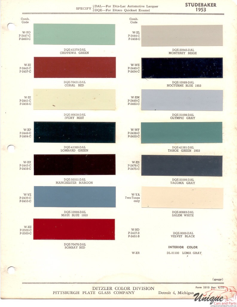 1953 Studebaker Paint Charts PPG 1